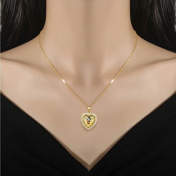 18K Gold Plated Diamond Mickey In Heart With Monogram Background - Picture 2 of 7